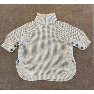 J Crew Sweater Gray Button Sleeve Poncho Turtleneck Cotton Wool Blend Chunky S